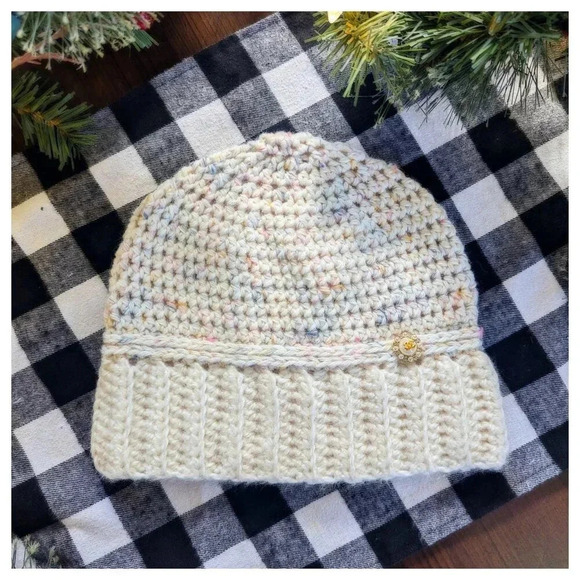 HANDMADE Crochet Confetti Fitted Beanie w/ Authentic Chanel Accent Button - Picture 1 of 4